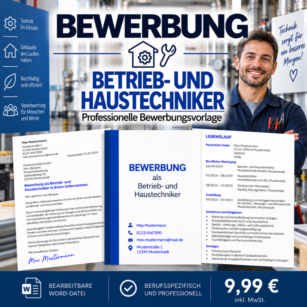 Bewerbung Betriebs- und Haustechniker/in – professionelle Bewerbungsvorlage für Ihre Bewerbung