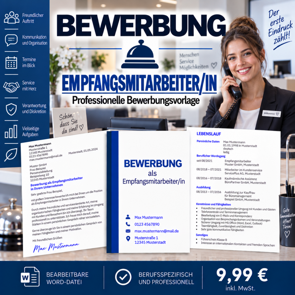 Bewerbung Empfangsmitarbeiter/in – professionelle Bewerbungsvorlage für Ihre Bewerbung